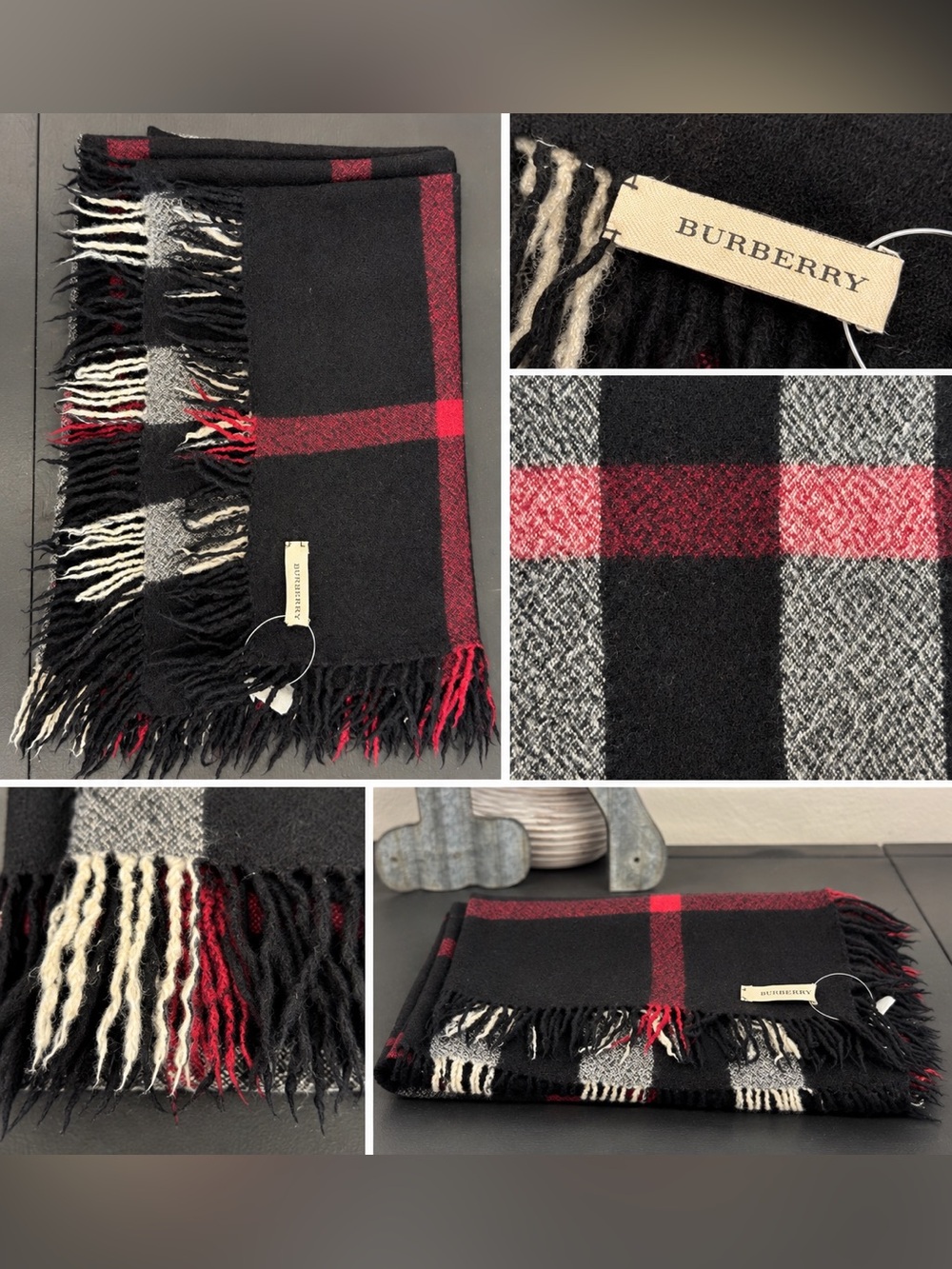 Burberry Black, Red & Gray Plaid Authentic Fringe Scarf